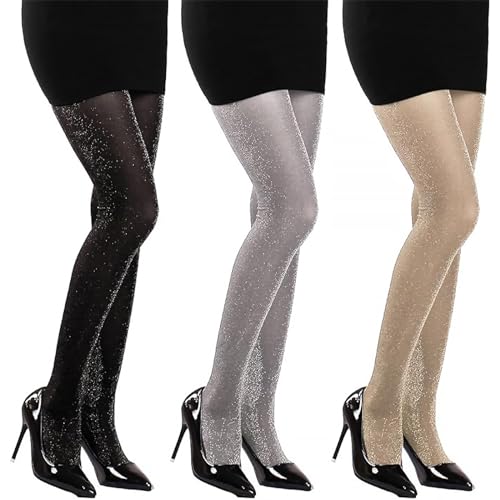 Uirheurd Glitzer Strumpfhosen Damen 3 Stück Strumpfhose Glitzer,Netzstrumpfhose Glitzer,Geeignet für Party-Tanz-Performance,Halloween-Cosplay,Einheitsgröße,Schwarz,Hautton,Grau