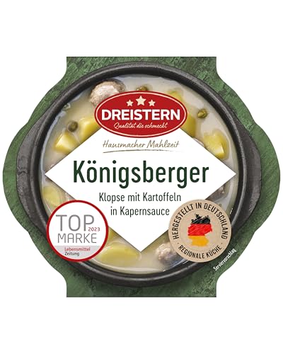 DREISTERN Königsberger Klopse 400g I Mit Kartoffeln in Sauce I Herzhaftes Fertiggericht in Mikrowellenschale I Lange Haltbarkeit dank natürlicher Konservierung I Hausmacher Qualität