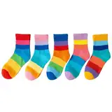 Montesy 5 Paar Regenbogen-Streifen-Baumwollsocken für Kinder im Alter von 3–12 Jahren, weiche und atmungsaktive Mittelschlauchsocken für Freizeit, Schule, Wie die Bildshow, XL