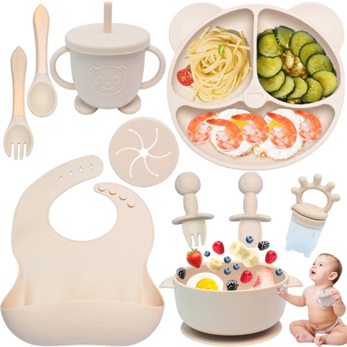 Dazhtu 10 Stücke Silikon Baby Geschirrset, Kindergeschirr Baby-Teller Rutschfest mit Saugnapf, Baby-Teller mit Saugnapf, Schüssel, Lätzchen,Löffel,Gabel,Baby-Trinkbecher,Fruchtsauger Set, Beige