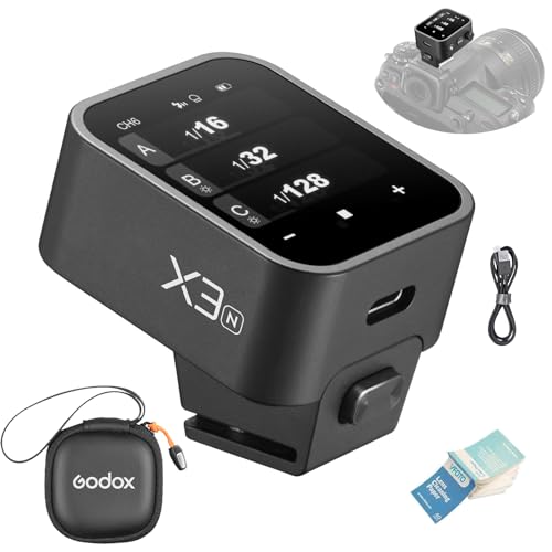 Godox X3N X3-N 2.4G OLED-Touchscreen Flash Trigger TTL kabelloser Blitzauslöser, mit TCM-Konvertierung, Eingebauter 3,7 V 850 mAh Li-Ion-Akku mit Aufbewahrungstasche für Nikon-Kameras (X3N)