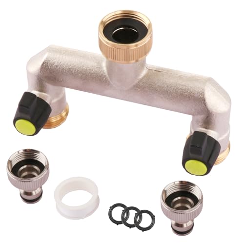 Tceapoo 2-Wege-Verteiler: 2-Wege Wasserhahn Wasserverteiler aus Messing für 2 Geräte/Gartenschläuche, 2 wege Verteiler Wasser 3/4 zoll mit Adapter 1/2" für Bewässerungssysteme und Gartenbewässerung