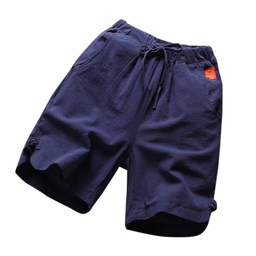 QWUVEDS Herren Casual Shorts Baumwolle Leinen Slim Herren Viertelhose Leinen Strandhose Lose Trainingshose Protektoren Shorts Herren Radhose Herren Kurze Hosen Herren Sport (Navy, XXL)