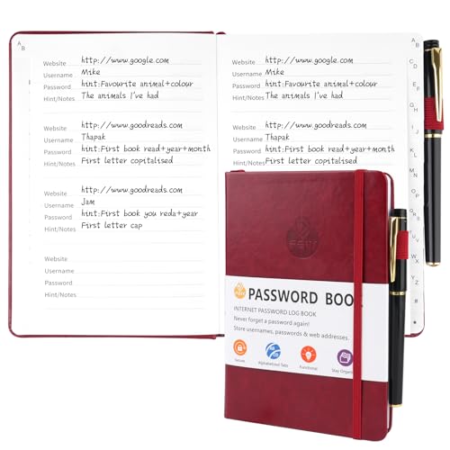Deepton Passwort Buch, Passwortbuch mit Register A-Z, Password Book mit Adressbuch, Notizbuch mit Register, Passwortbuch mit Innentasche, Telefonbuch mit Register, Passwort Manager - Rotbraun