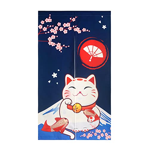 LIGICKY Japanischer Stil dick Leinen Noren Lang Vorhänge Sakura-Baum, Berge und Katze Türvorhang Raumteiler Tapisserie für die Heimtextilien Raumteiler 85 x 150 cm