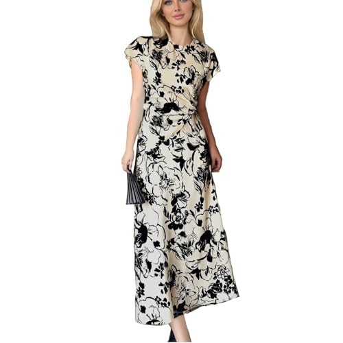 Generisch 2025 Midikleid aus Seidensatin mit Strukturdruck Damen Festliche Kleider (Khaki, S)