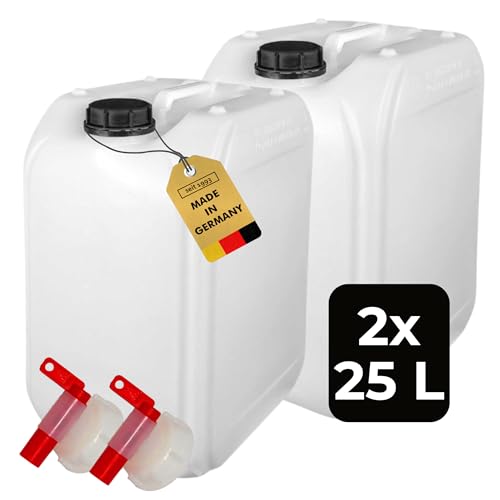 ABACUS® 2X 25 Liter Wasserkanister Natur | Chemiekanister | Auslaufhahn und Deckel (DIN 61) | Lebensmittelecht | Indoor und Outdoor | BPA Frei | Säurefest | Mit Skala zum Ablesen des Füllstands