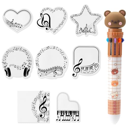 APOMOONS 8 Stück Klebezettel Musik Thema mit 10-in-1 Mehrfarbige Kugelschreiber, Notizzettel Notizblock Sticky Notes, Haftnotizen Set Selbstklebende Music Notes für Schulbüros To-Do-Listen Geschenk