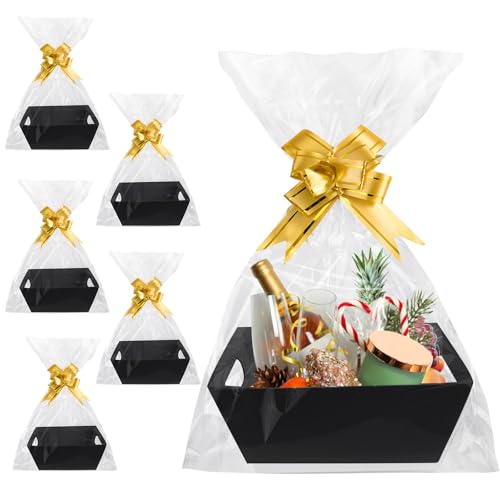 Geschenkkörbe Set, 6 Stück Präsentkorb Leer, Körbe Für Geschenke, Geschenkkorb Pappe Mit Griffen, Bogenknoten Und Transparenten Geschenktüten, Hamper Basket Kit Für Weihnachten Party Feiern (Schwarz)