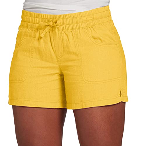 Generisch Basketball Shorts Kinder Frauen Casual Elastische Taille Sommer Kordelzug Baumwolle Shorts Damen Strand Mit Tasche Bequem Shorts Herren Muster (Yellow, S)
