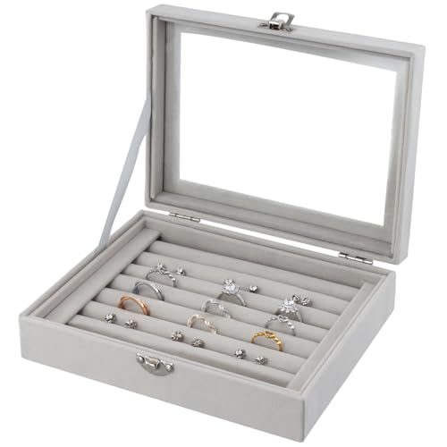 QWORK® Schmuckschatulle, Schmuckkästchen Samt mit Transparenter Abdeckung, Ring Organizer mit 7 Fächern, für Privathaushalte, Juweliergeschäfte und Accessoires-Läden