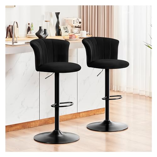 STOOLINK Barhocker 2er Set Höhenverstellbar Barstuhl Seidensamtstoff, Tresenhocker 360° Drehbar, Barhocker Mehrzweck mit Lehne für Küche, Esszimmer, Einfacher Aufbau-Schwarz