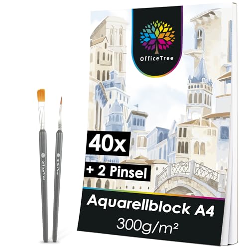 OfficeTree Aquarellpapier A4 – 40 Blatt – Aquarellpapier 300 g – Aquarellbogen A4 – Aquarellblock – weißes Zeichenpapier – Malbogen – mit 2 kostenlosen Pinseln – Watercolor Paper