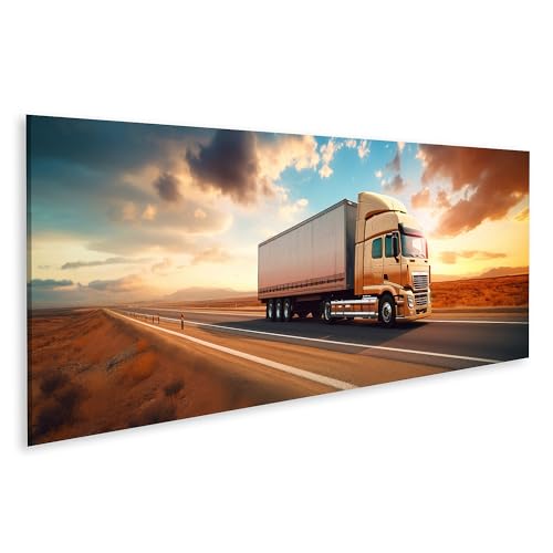 islandburner Bild auf Leinwand Panorama-Wandbild: LKW auf Autobahn und Landstraäe im prächtigen Sonnenaufgang Wohnzimmer LKW-Verleih Unternehmen Leinwandbild