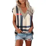Damen-Bluse mit Flügelärmeln, Sommer, lässig, Spitze, V-Ausschnitt, Druck, Farbe, Freizeithemden, lockere Passform T Shirt Damen Kurzarm V Ausschnitt (Beige, XXL)