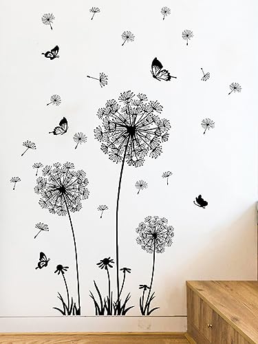 UMXOSM 2 Stück Löwenzahn Wandaufkleber, Fliegende Blume Schmetterling Wandaufkleber Florales Kunst Dekor Sticker für Wohnzimmer Schlafzimmer Haus Dekoration(Schwarz)