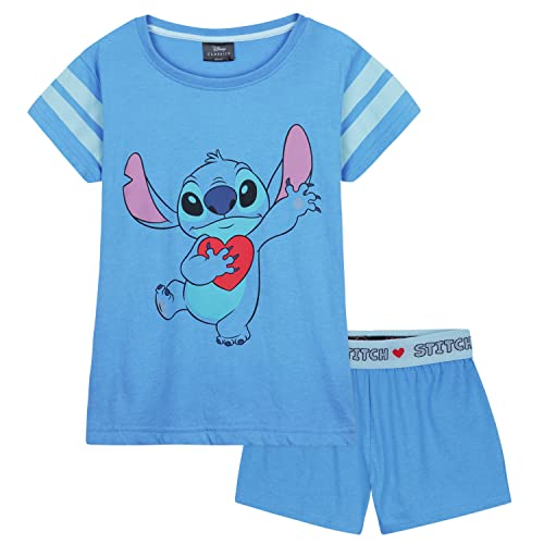 Disney Stitch Schlafanzug Kinder Mädchen Kurz Nachtwäsche Tshirt und Schlafhose Kurz Set für Kinder und Teenager Jungen Mädchen 4-14 Jahre (Blau Stitch, 9-10 Jahre)