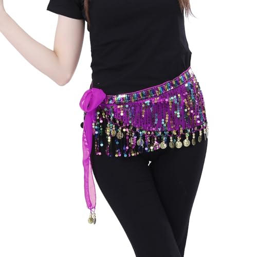 Bailinks Pailletten Bauchtanz Hüfttuch, Chiffon Wickelrock mit Münzen für Bauchtanz, Yoga-Kurse und Auftritte - Bauchtanz Hüftgürtel für Damen (Lila)