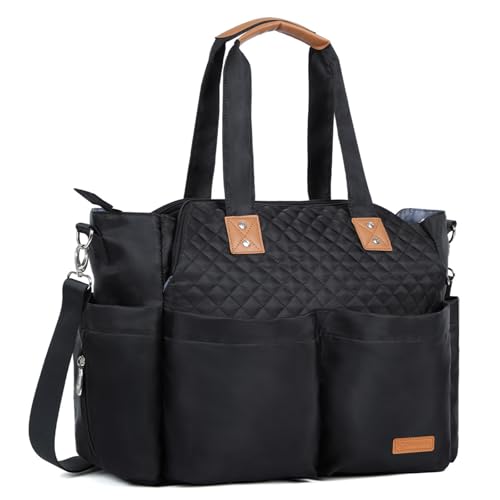 Lekebaby Baby Wickeltasche Bote groß mit Wickelunterlage für Reise, 19 Taschen, Diaper Bag Reisewindeltasche für Mama und Papa, Multifunktions Babytasche, Schwarz Gesteppt