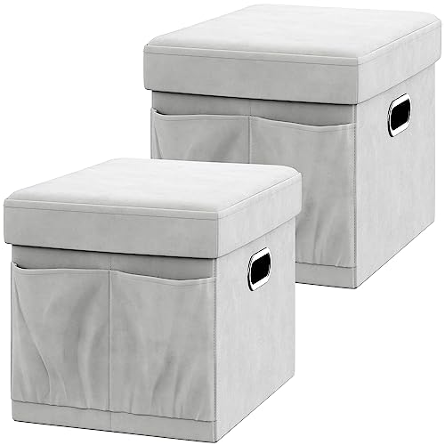 YITAHOME Storage Ottoman, Padded Foldable Bench, Pack of 2, Velvet Ottoman Foldable Storage Boxes Seat Foot Stool for Bedroom, Hallway, Living Room, Gray