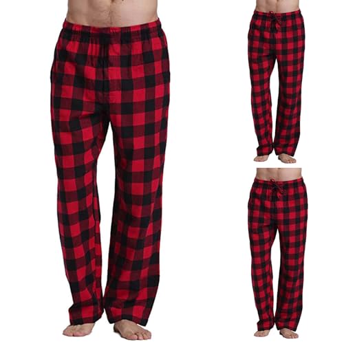 MMIHOIM Schlafanzughose Herren Lang Fleece Karierte Pyjamahose Winter Warm Pyjama Hose Soft Freizeithose Weihnachts Pyjama mit Taschen und Kordelzug (Rot,3XL)