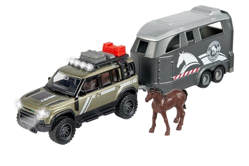 Majorette - Land Rover Defender mit Pferdeanhänger – hochwertiges Modellgespann mit Spielzeugpferd, Licht, Sound, vielen Funktionen, für Sammler und Kinder ab 3 Jahren