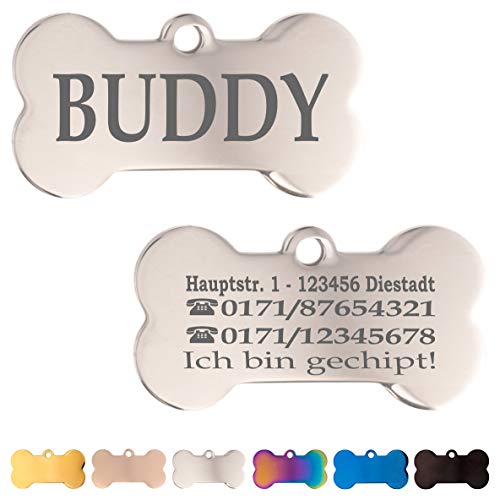 Ibera gifts - Personalisierte Hundemarke für Mittlere bis Große Hunde aus Edelstahl mit Gravur Namen Halsband Personalisiert Anhänger Marke Adressanhänger Hundehalsband (Silber)