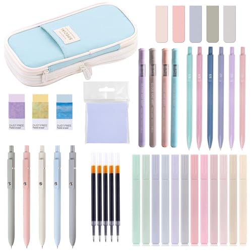 Harsever 42 Stück Schulsachen mit Mäppchen,12 Pastell Textmarker,5 Gelstifte,6 Druckbleistift Schreibwaren Set,Back To School Stuff,Office,Schreibwaren Set für Schüler