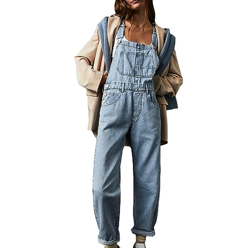 Damen Denim Latzhose Jeans Latzhose Ärmellos Locker Geschnitten Lässig Lange Overalls Baggy Denim Overall Jeans Hosen Frauen Mädchen Denim Slingbacks (Hellblau, L)