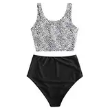 ZAFUL Zweiteiliger verknotet Tankini Beachwear Set, einfarbiger gepolsterter Badeanzug mit Schulterträger & Badehose mit Tropisches Blattmuster für Damen (Wellenpunkt, XL)