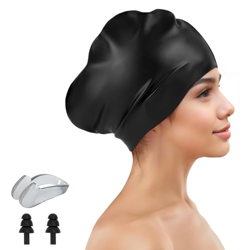Silikon Badekappe für Langes Haar,Extra Große Badehaube für Damen,Schwimmkappe Herren,Schwimmhaube mit Ohrstöpseln und Nasenclip-Set,Badekappen für Erwachsene,Schwimmmütze für Trockenes Haar