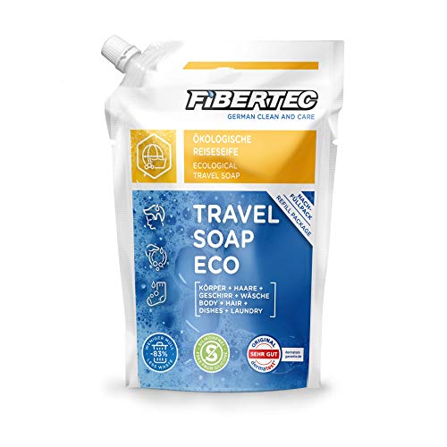 Fibertec Travel Soap Eco Nachfüllbeutel, biologisch abbaubare universal Reiseseife zur Körperpflege, als Geschirrspülmittel oder Bekleidungswaschmittel, 500ml