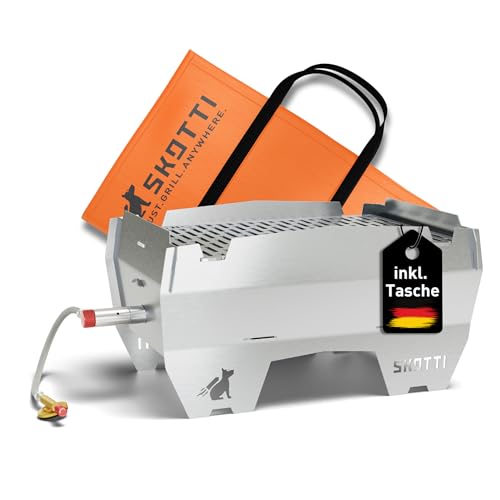 SKOTTI Grill Gas, Camping Grill Gas klein, Ideal für Camping, Festival oder Balkon, Camping Gasgrill für Gaskartuschen, Kleiner faltbarer Campinggrill, Steckbarer Campingkocher für Grillen und Kochen