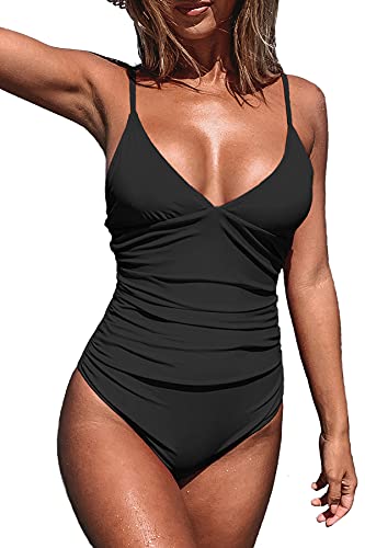 CUPSHE Damen Einteiler Badeanzug Triangel V Ausschnitt Monokini Bauchweg Raffungen Unifarben Bademode Swimsuit Schwarz XL