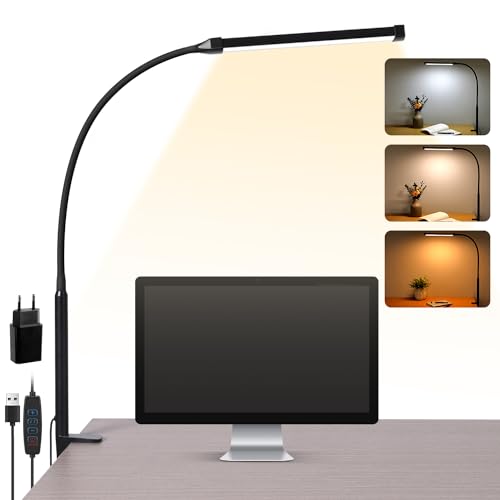 Schreibtischlampe LED Klemmbar, Dimmbare Schreibtischlampe mit 3 Farben und 10 Helligkeitsstufen, Tageslichtlampe Schreibtisch Lampe, Augenschonende Klemmleuchte, Schwarz