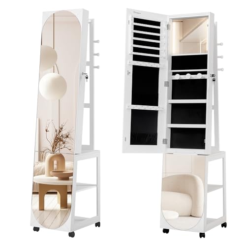 Hzuaneri Schmuckschrank, Spiegelschrank, Standspiegel, mit Kleiderbügel, 360° Drehbar, Schmuckaufbewahrung, abschließbar, mit Schlüsseln, Schmuckspiegelschrank, 4 Räder, Weiß JC37603B