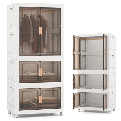 KOMFOTTEU Kleiderschrank mit 2 feststellbaren Rollen, Aufbewahrungsbox aus Kunststoff, mobiler Aufbewahrungsturm mit 10 Kleiderbügeln, 71 x 46 x 156 cm