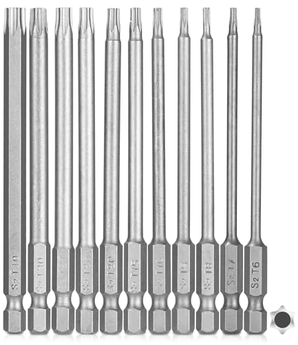 11 Stück Torx Schraubendreher Set, Torx Lang Magnetische Schraubendreher Bits Kit, T6-T40 100mm 1/4" Sternenkopf Sechskant Schaft Elektrische Schraubenzieher Set