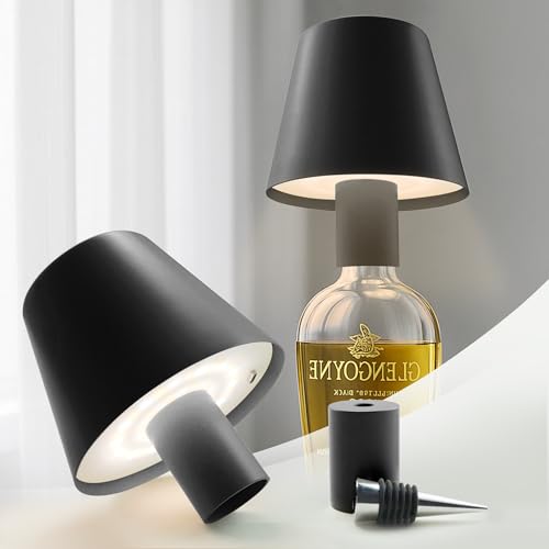 Aufladbar Flaschenlampe Vollmetall, Dimmbares Flaschenlicht mit 3 Modi, Flaschenlampe Aufsatz Led, 2 Lampenfassung, USB C, IP54, Led Flaschenlampe für Wohnzimmer und Schlafzimmer, Schwarz