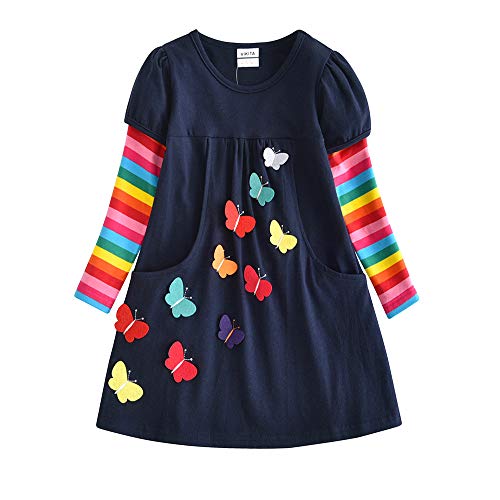 VIKITA Mädchen Kleider Streifen Langarm Baumwolle Herbst Winter T-Shirt Kleid, Mehrfarbig LH5805, 4-5 Jahre (110cm)