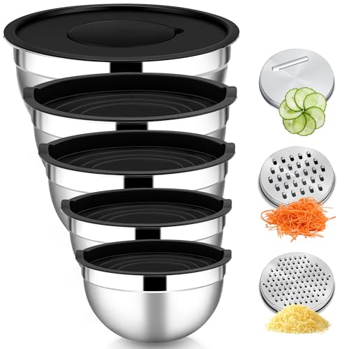 HaWare Rührschüssel 5er Set, Edelstahl Schüssel Salatschüssel Set mit Luftdichtem Deckel & 3 Reibenaufsätzen zum Kochen Backen, 4,6L/2,8L/1,6L/1,2L/0,7L, Stapelbar & Spülmaschinenfest, Schwarz