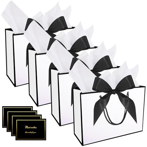 Geschenktasche Set, 4 Geschenktüten mit Schleifen + 4 Seidenpapier Weiß + 4 Grußkarten Papiertüten Bodenbeutel Geschenkverpackung für Hochzeit Taufe Geburtstag Muttertag Party