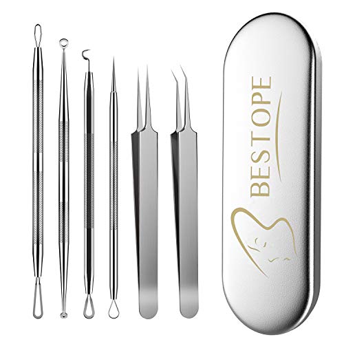 BESTOPE PRO Mitesserentferner, 6-teiliges Akne-Entferner-Set– Pinzetten-Set mit Metallgehäuse, Mitesser-Entferner, Werkzeug aus Hochwertiger Edelstahl, Silber, Modern