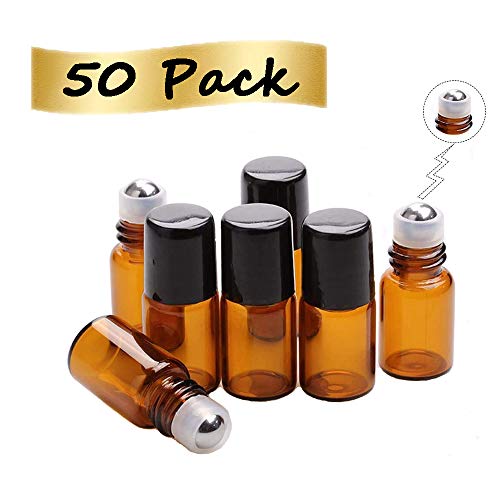 Ätherische Öle Roller Flaschen 2ml, 50 Stück Probe Glasflaschen Klein Nachfüllbare Containermit mit Edelstahl-Roller Ball, für Aroma öl, Aromatherapie-Gemische, Massage