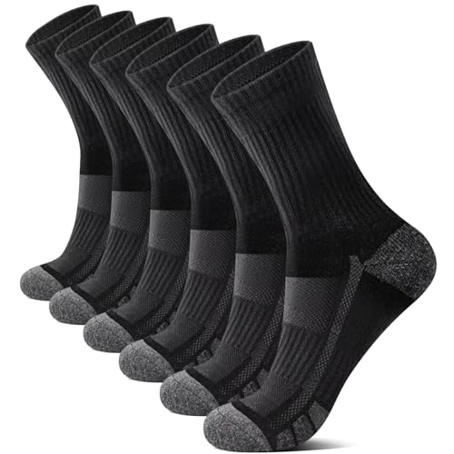 YouShow Herren Tennissocken 6 Paar Crew 43-46 Weich Atmungsaktiv Wandersocken Gepolstert Sportsocken Damen Socken Schwarz Baumwollsocken