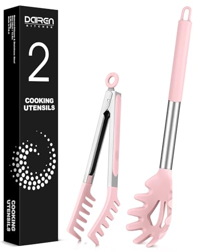 Spaghetti-Löffel und Nudelzange, Antihaft-Silikonlöffel, Serviergabel mit Zähnen und Edelstahlgriff, Lebensmittelclip für Nudeln, Rosa