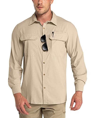 Outdoor Ventures Herren Langarm Hemd Outdoor Funktionshemd Schnelltrocknende Shirts Casual Freizeithemd Atmungsaktive Sportshemd Frühling Sommer Herbst mit Taschen für Wandern Camping Khaki L