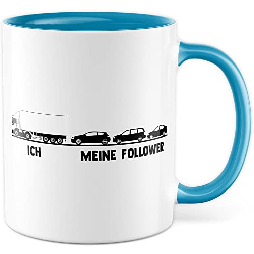 LKW Tasse mit Spruch Lkw-Fahrer Kaffeetasse Kaffee-Becher lustig Geschenkidee Fernfahrer Geschenk Lastwagen Spediteur Ich Meine Follower Witz Trucker Lastwagen-Fahrer Stau (Weiß/Blau)
