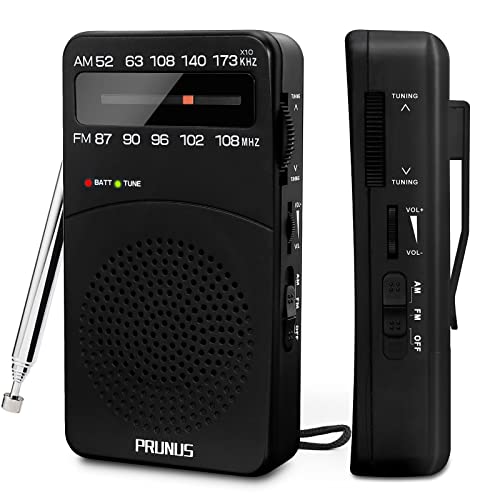 PRUNUS J-166 AM FM UKW Radio Batteriebetrieben, Transistorradio Weltempfänger Radio mit großartiger Empfang, Mittelwellenradio mit Stromanzeige, Rückclip & lautem Lautsprecher zum Reisen, Camping.