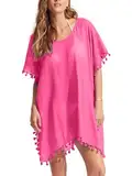 Prizmxed Strandkleider Damen Sommer Quastendekoration Strandkleid Damen Luftig Bikini Cover up Geeignet für Urlaub (DE/NL/SE/PL, Alphanumerisch, Einheitsgröße, Große Größen, Kurz, Rosa)